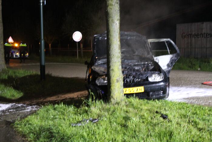 Auto verwoest door brand na botsing tegen boom