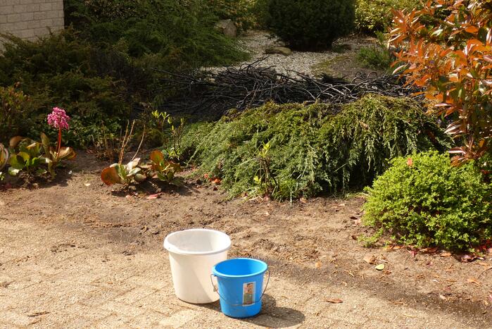 Bewoners blussen coniferenbrand met emmers en tuinslang