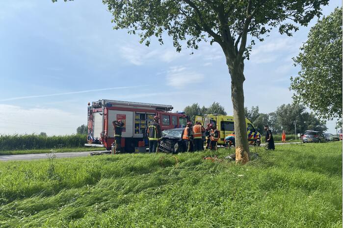 Auto raakt van de weg en botst frontaal op boom