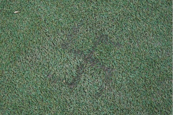 Hakenkruis in kunstgras gebrand van voetbalkooi