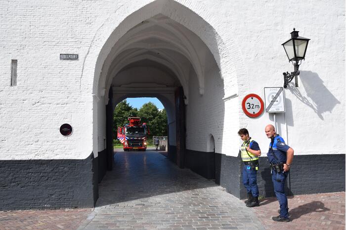 Duif vast achter net in Nobelpoort