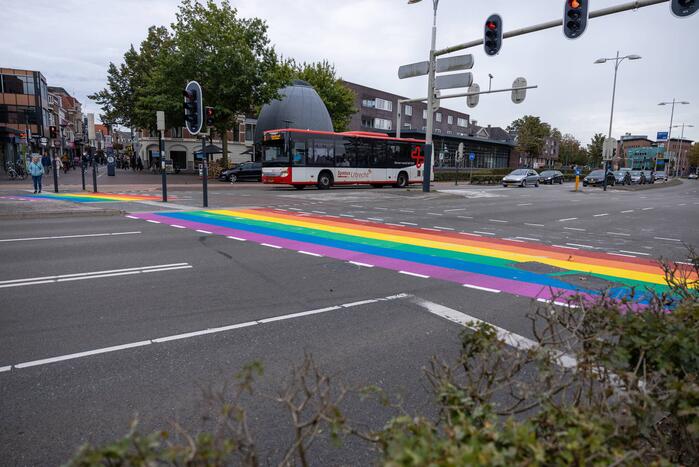 Regenboog-oversteekplaats besmeurd met verf