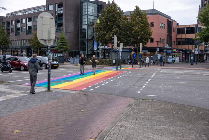 Regenboog-oversteekplaats besmeurd met verf