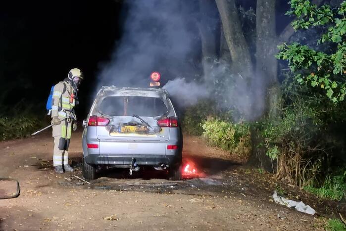 Auto verwoest door brand in bosgebied