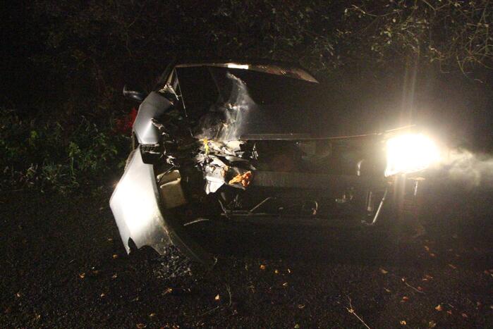 Auto in greppel na botsing met boom