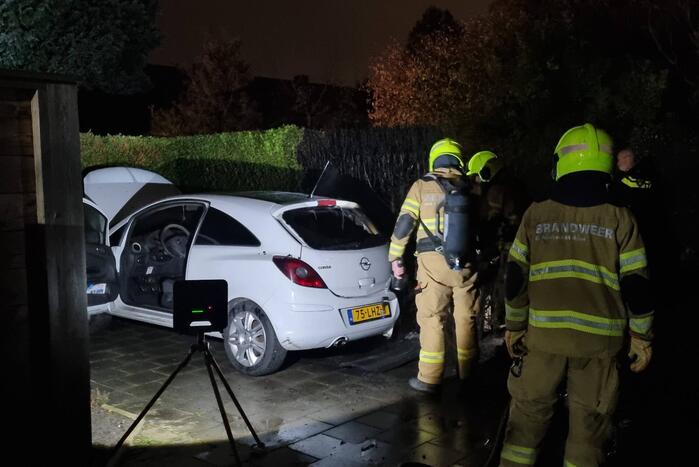 Veel schade aan auto en coniferenhaag na brand