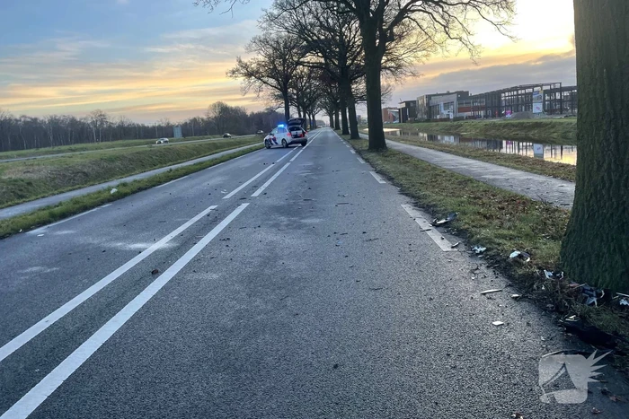 Auto ligt in de kreukels na flinke klap tegen boom