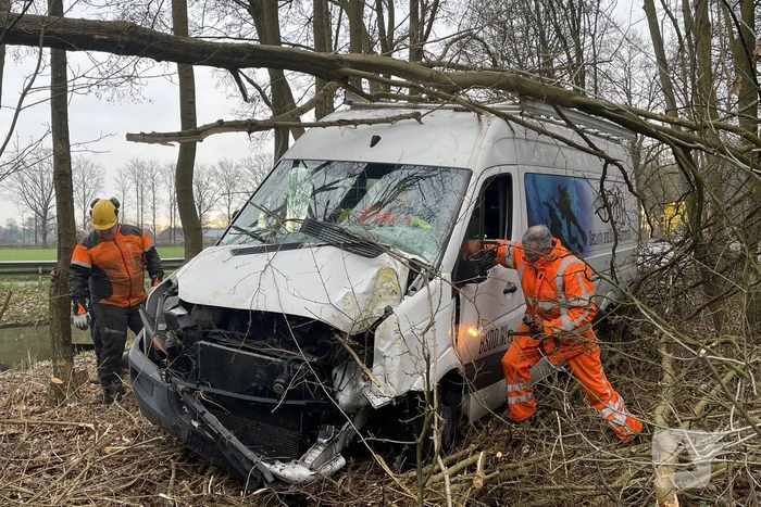 Bestuurder bestelbus raakt van de weg en belandt in bosschage