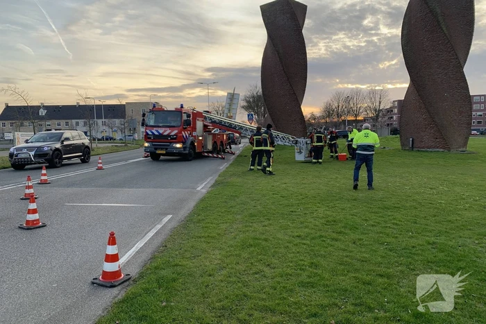 Brandweer redt gans uit kunstwerk