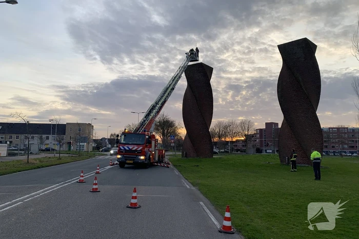 Brandweer redt gans uit kunstwerk