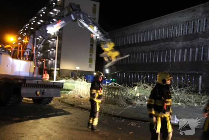 Grote boom omgewaaid in woonwijk