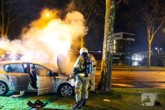 Auto vliegt in brand na botsing tegen boom