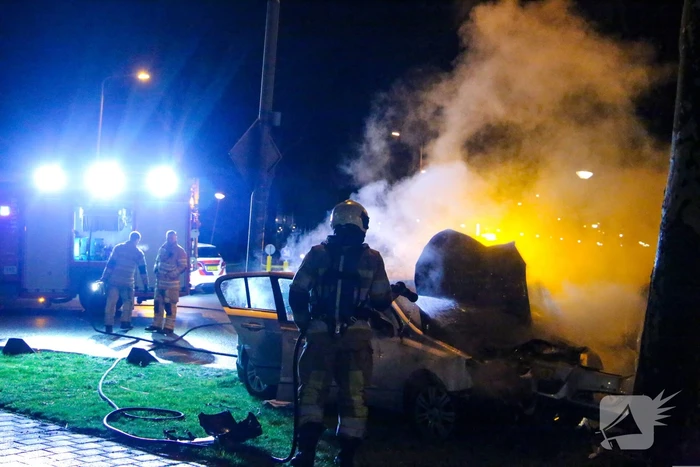Auto vliegt in brand na botsing tegen boom