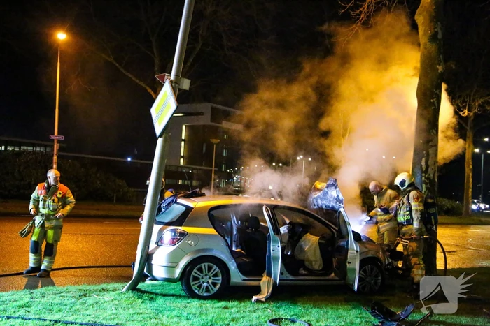 Auto vliegt in brand na botsing tegen boom