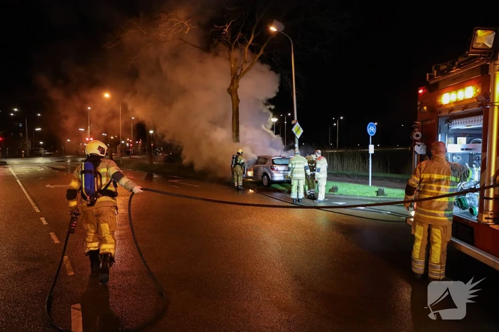 Auto vliegt in brand na botsing tegen boom