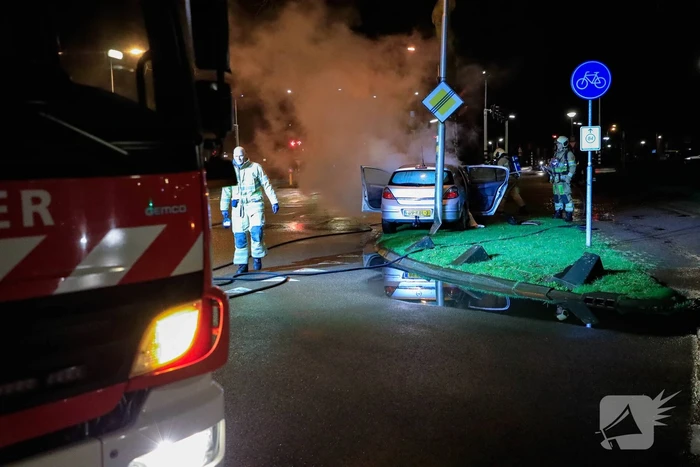 Auto vliegt in brand na botsing tegen boom