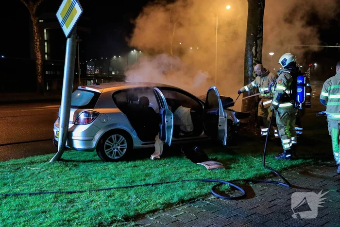 Auto vliegt in brand na botsing tegen boom