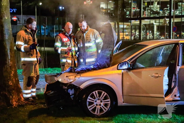 Auto vliegt in brand na botsing tegen boom