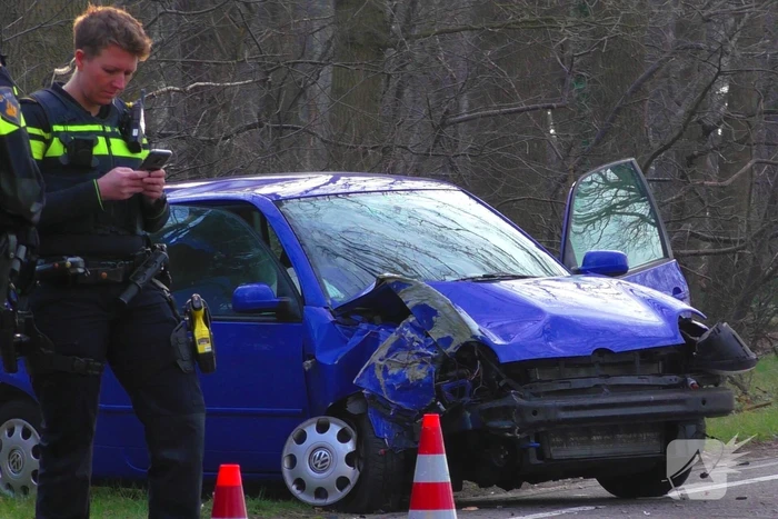 Auto in de kreukels na botsing tegen boom