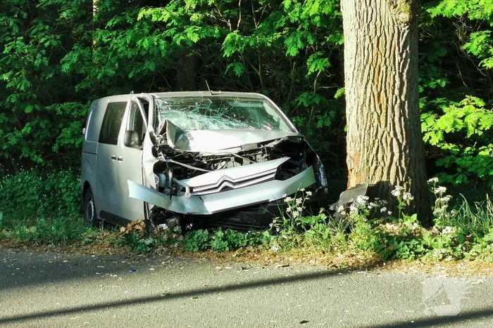 Bestelbus raakt van de weg botst tegen boom