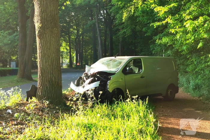 Bestelbus raakt van de weg botst tegen boom