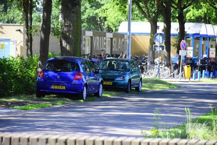Weg naar zwembad De Vrije Slag afgesloten door loshangende takken