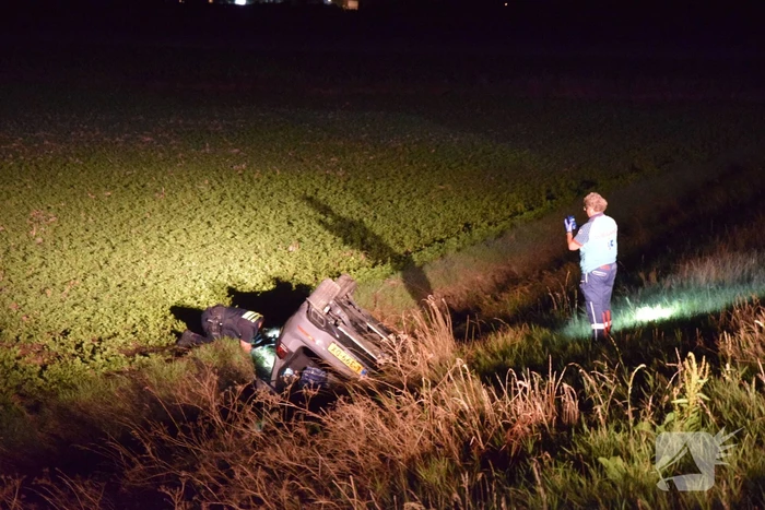Auto op zijn kop in sloot naast talud