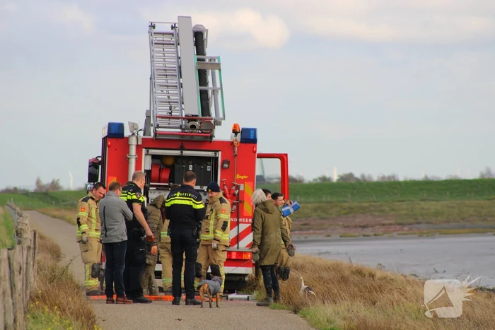 Mensen en hond vast op zandplaat