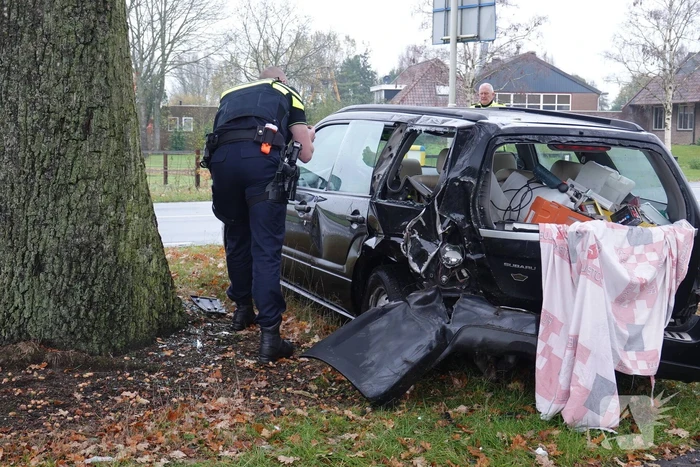 Automobilist raakt van de weg en komt tegen boom tot stilstand