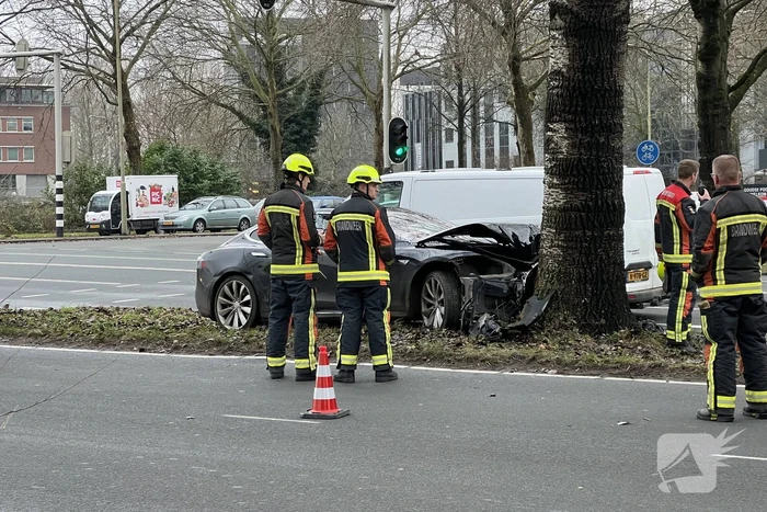 Bestuurder van een Tesla botst op boom