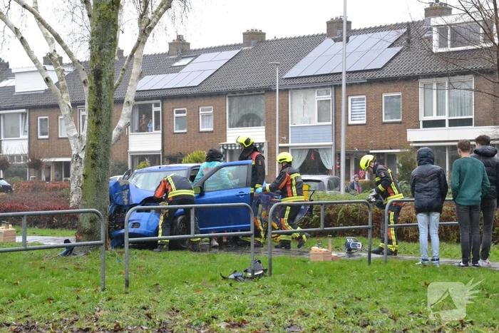 Auto klapt frontaal op boom