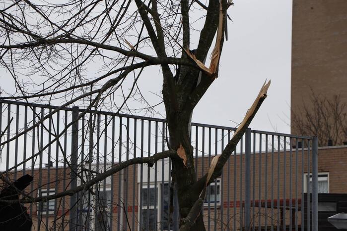 Dakbedekking van flat waait over auto's en lantaarnpalen