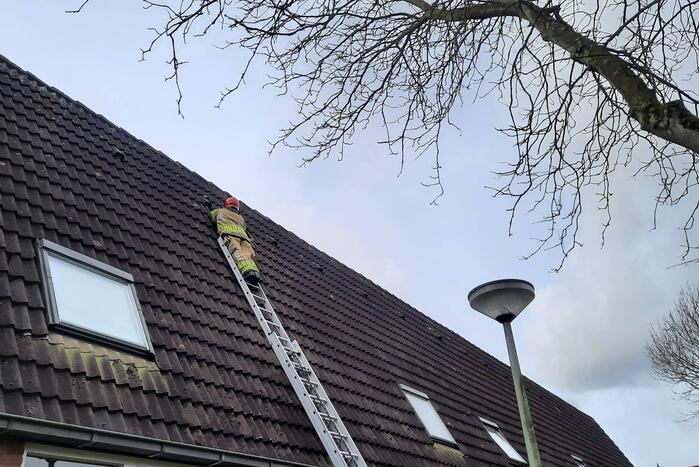 Brandweer plaatst dakpannen terug op woning