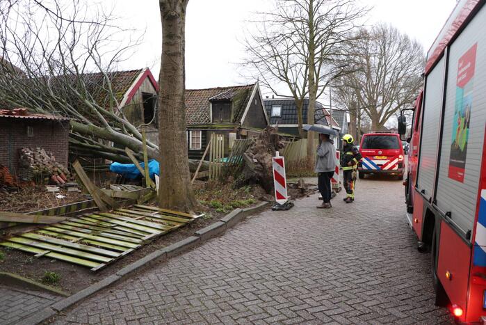 Grote boom valt op woningen en schuur
