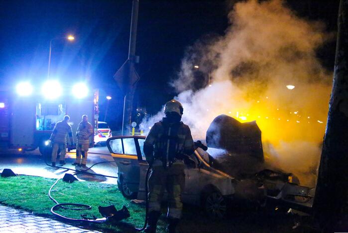 Auto vliegt in brand na botsing tegen boom