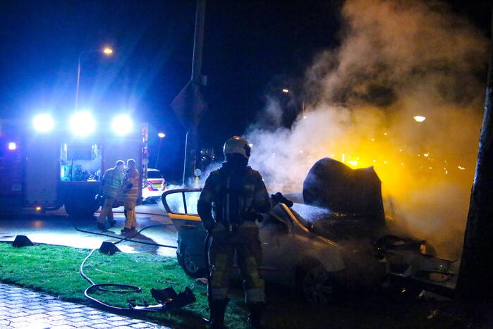Auto vliegt in brand na botsing tegen boom