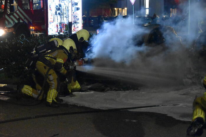 Twee geparkeerde auto's compleet uitgebrand