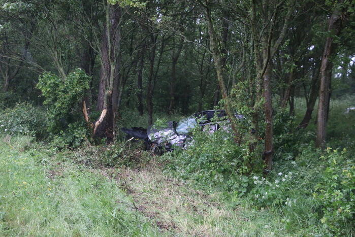 Automobilist schiet van de weg en belandt in bosschage