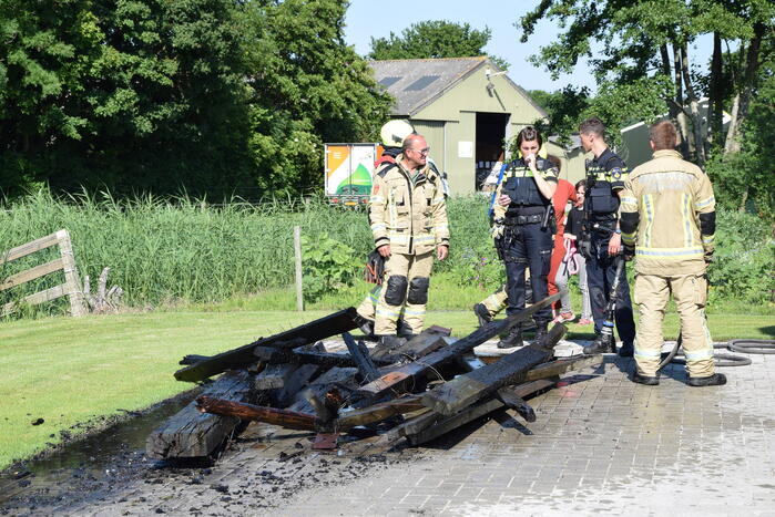 Houten balken achter schuur vlam gevat