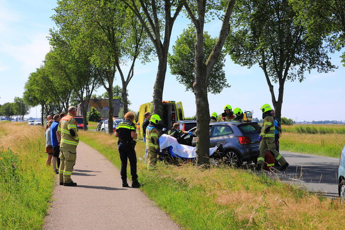 Auto frontaal op boom gebotst