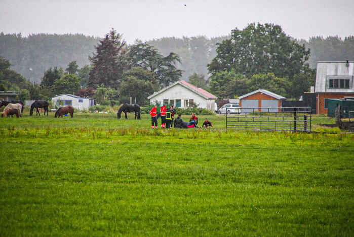Paard met kraan uit sloot getakeld