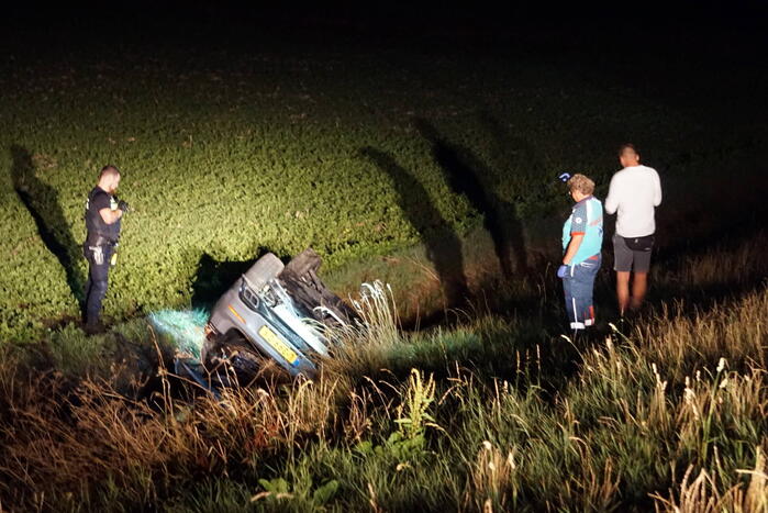 Auto op zijn kop in sloot naast talud