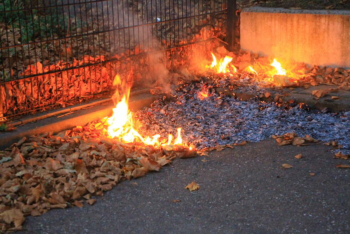 Bladeren vliegen in brand op parkeerterrein