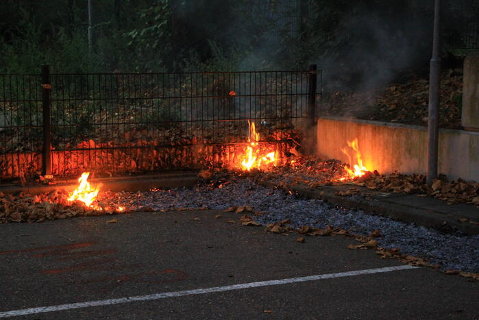 Bladeren vliegen in brand op parkeerterrein
