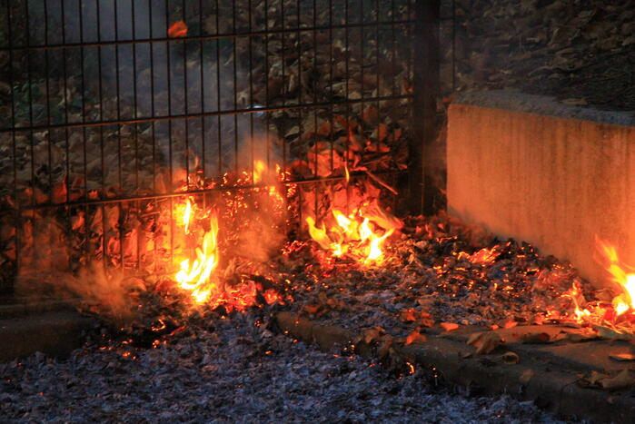 Bladeren vliegen in brand op parkeerterrein