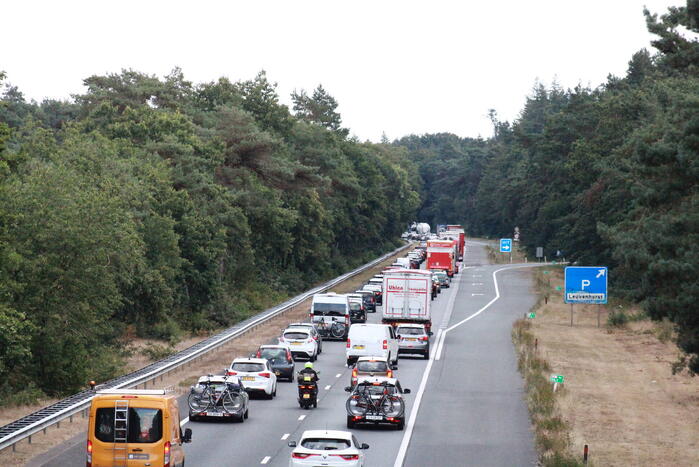 Enorme file door bermbrand langs snelweg