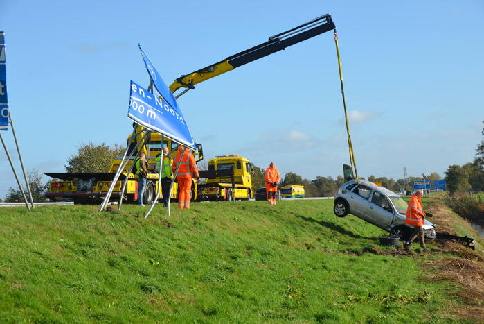 Auto raakt van de weg, ramt verkeersbord en belandt in sloot