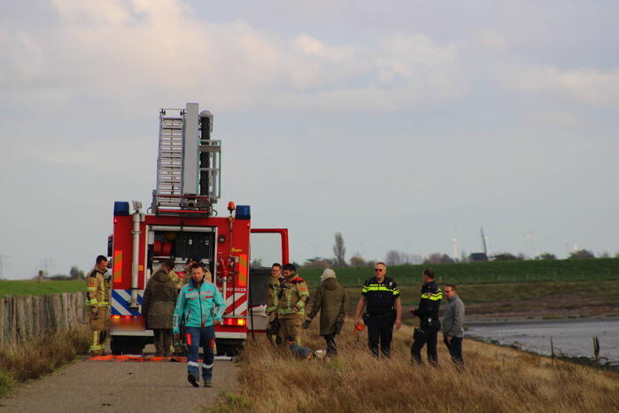 Mensen en hond vast op zandplaat