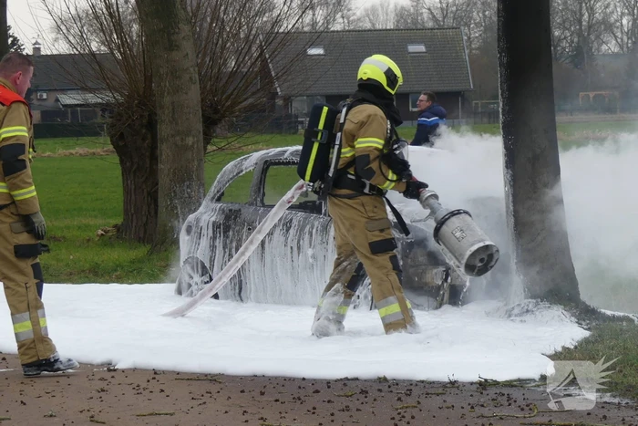 Auto vat vlam na frontale botsing tegen boom