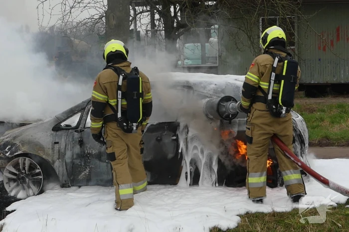 Auto vat vlam na frontale botsing tegen boom